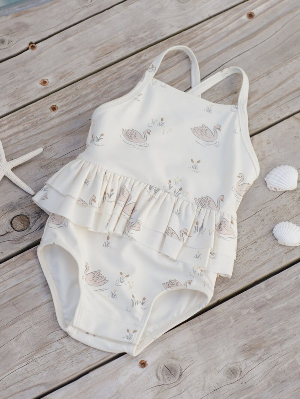 Quincy Mae Ruffled One-Piece Swimsuit In Swans Ivory Size 12-18 Months NWT
